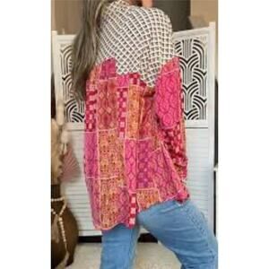 DAVI & DANI Pink and Orange Patchwork Crochet Yoke Blouse